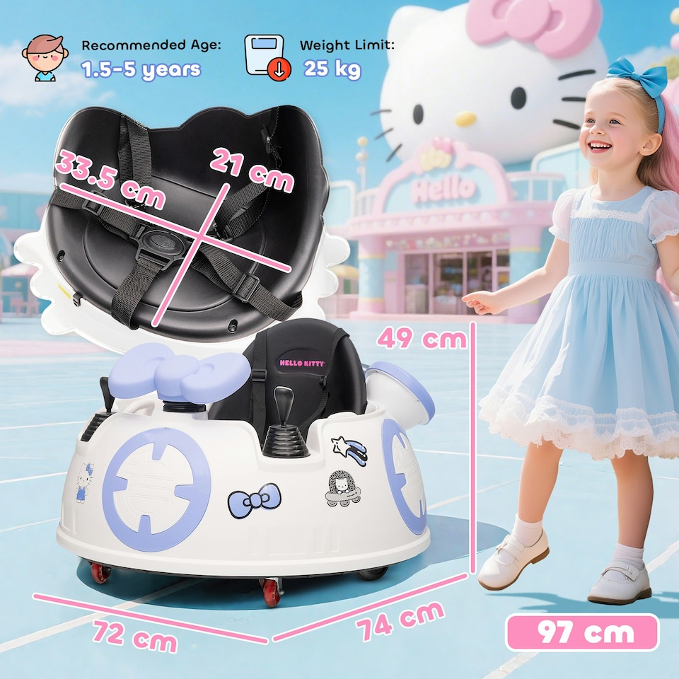 image 1 of AIYAPLAY Hello Kitty Kids Ride on Bumper Car with Remote Control, White