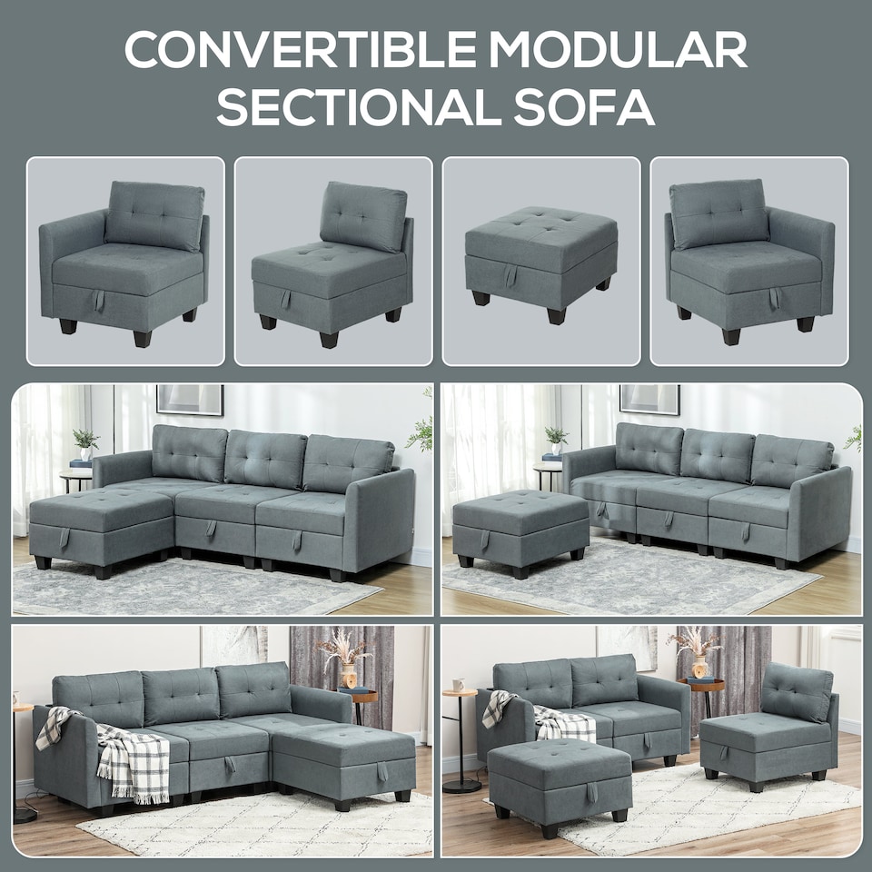 image 1 of HOMCOM Convertible Modular Sectional Sofa with Storage, Tufted 3 Seater Sofa Set, L Shaped Couch with Ottoman, Wood Frame for Living Room, Dark Grey | Grey