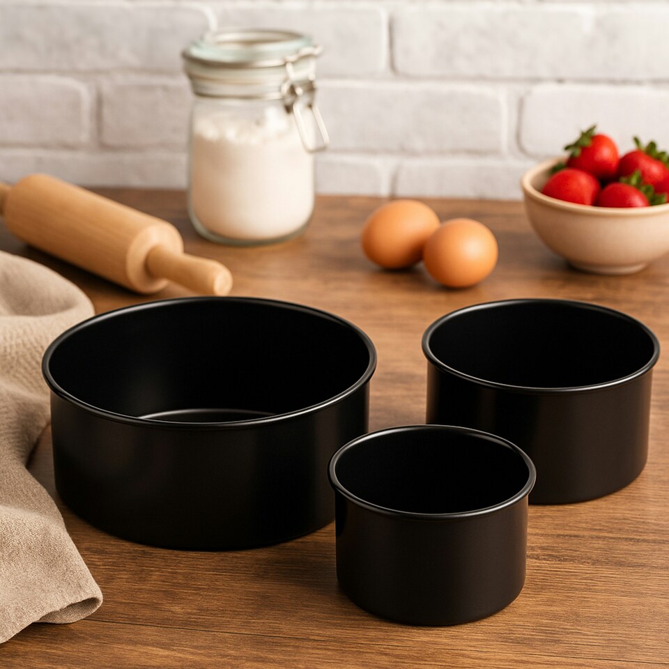 image 1 of Interiors by Premier Set of Three Round Cake Tins, Nonstick Coating Baking Tins, Black Cake Pans, Cake Tins for Everyday Use Black