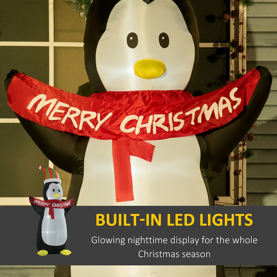 image 1 of HOMCOM 8ft Inflatable Penguin & Christmas Banner Decoration Indoor Outdoor WeatherResistant Shell Fun Cute