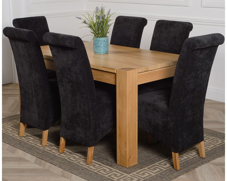 image 1 of Kuba 150 x 85 cm Chunky Medium Oak Dining Table and 6 Montana Fabric Chairs | Black | Black