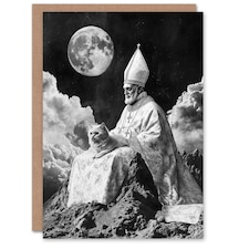 Surreal Cat Lover Pope and Moon Black White Birthday Greeting Card