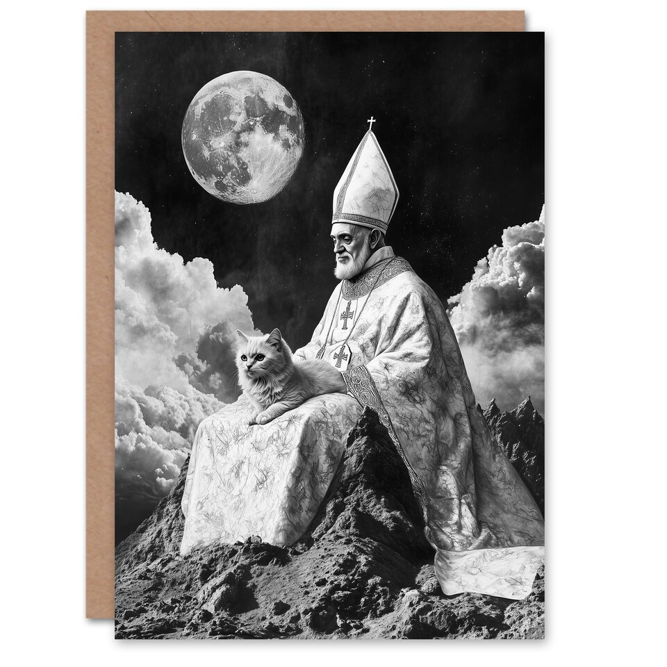 image 1 of Surreal Cat Lover Pope and Moon Black White Birthday Greeting Card
