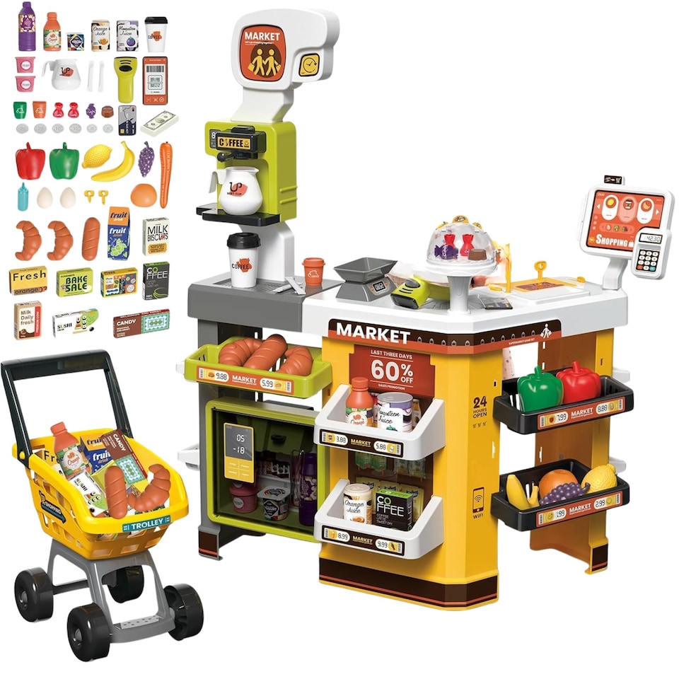 image 1 of Kids Supermarket Pretend Play Set - Cash Register with Scanner, Lights & Sounds, Shopping Cart, 65 Accessories, Play Money, Food Items & Freezer Smoke Effect, Educational Role Play Toy for Ages 3+