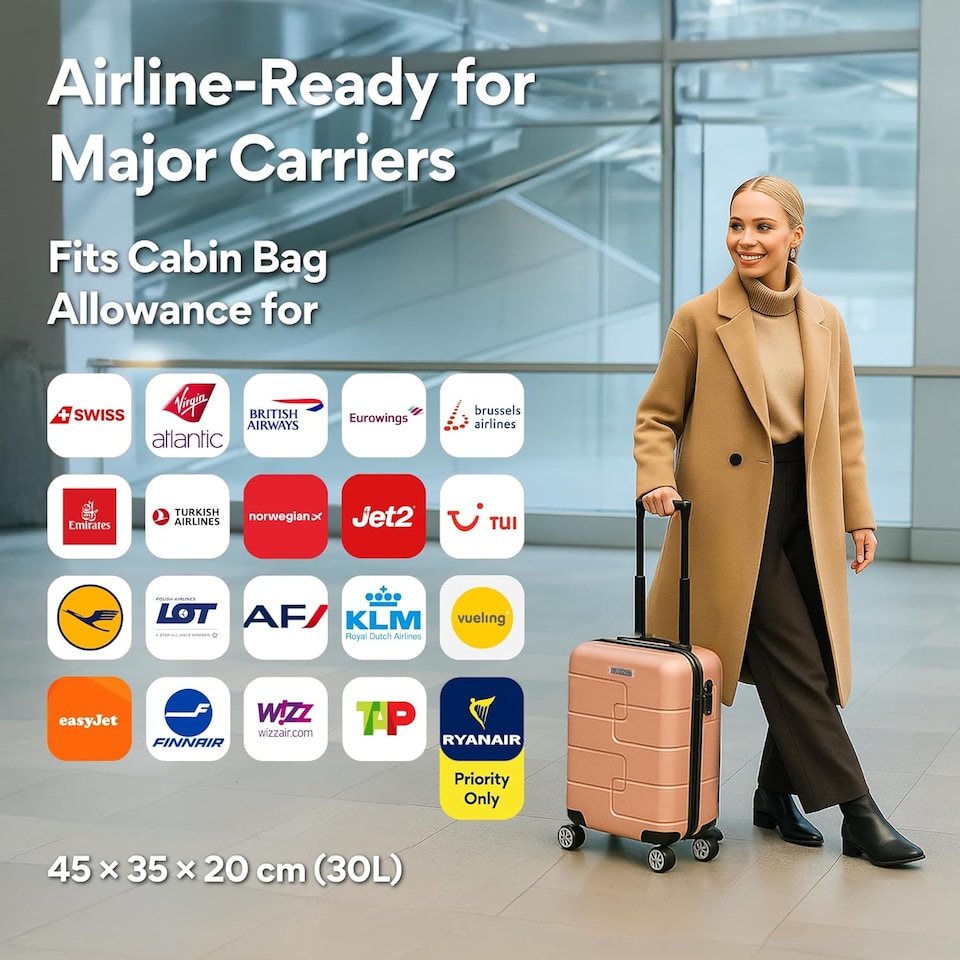 image 1 of Straame 45x35x20cm Rose Gold Cabin Suitcase, 360° Spinner Wheels