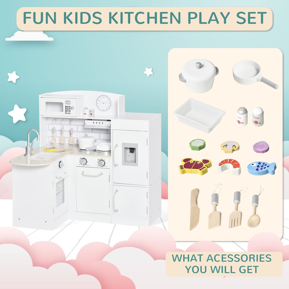 image 1 of HOMCOM Kids Play Kitchen Wooden Toy Kitchen Cooking Set for Children with Drinking Fountain, Microwave, and Fridge White