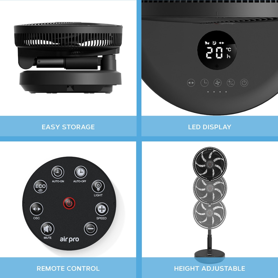 image 1 of Air Pro 13" Pedestal Fan With Remote Control - Oscillating & Portable Foldable Fan - Height Adjustable - LED Display - 12 Speeds