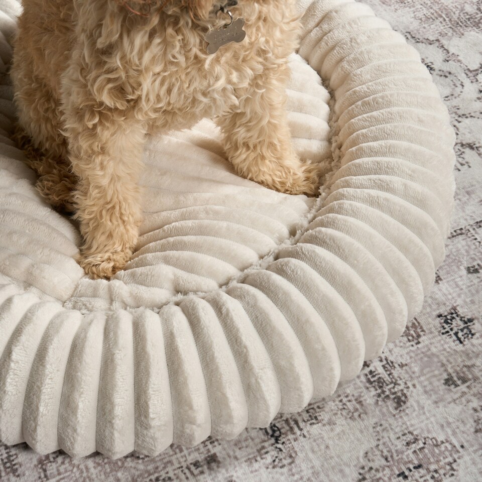 image 1 of OHS Ribbed Round Plush Plump Soft Warm Cosy Pet Dog Cat Cushioned Donut Bed Cream | L