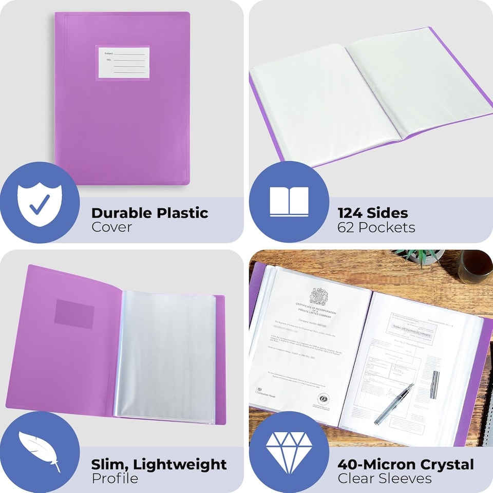 image 1 of ARPAN A4 Display Book Folder for School, Filing, Storage, Interviews, CVS & Presentations, Flexible Cover, A4 Display Folder with 62 Pockets 124 Sides