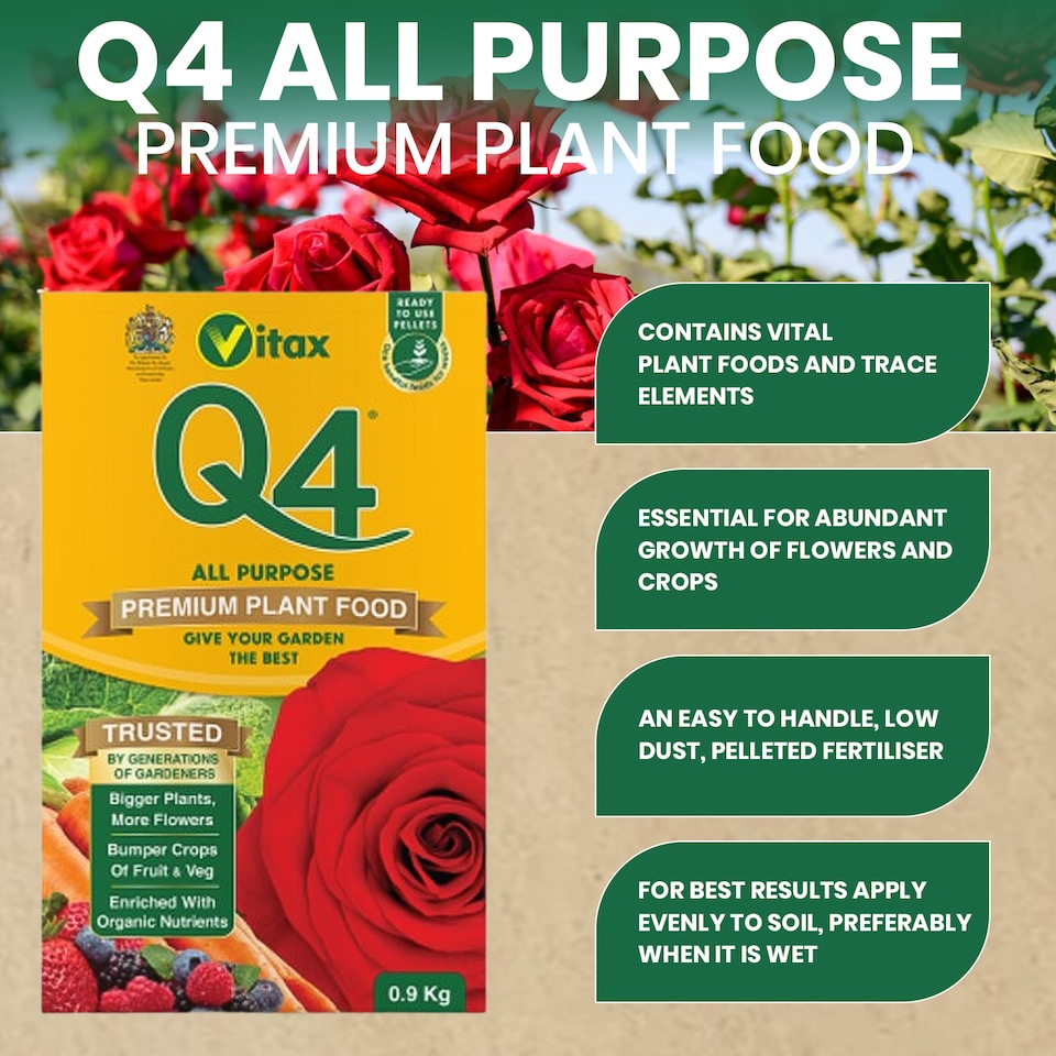 image 1 of Vitax Q4 All Purpose Plant Food Pelleted Fertiliser for Flowers Vegetables Fruit Lawns Garden Feed- 0.9kg Box