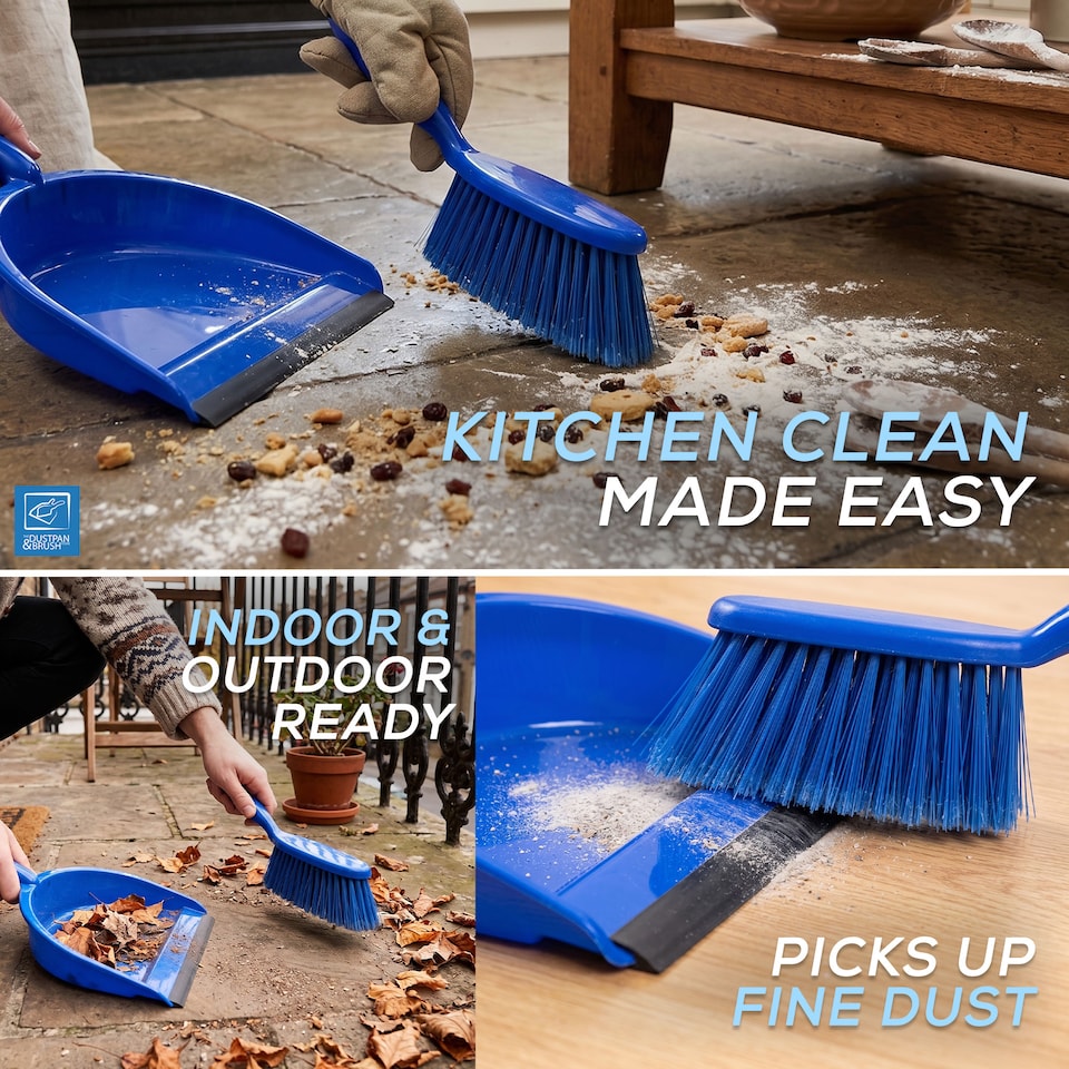 image 1 of Colour Coded Dustpan and Brush Sets Wide Plastic Dustpan with Rubber Lip and Soft Bristle Brush
