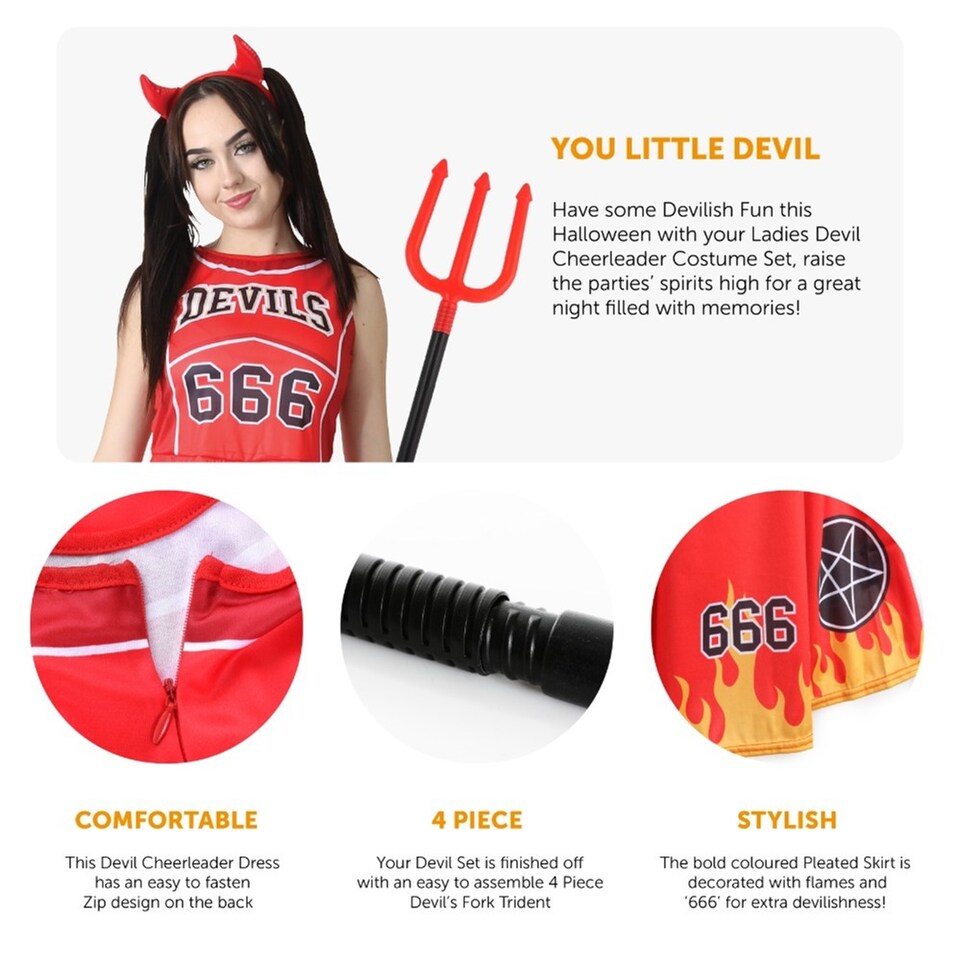 image 1 of Devil Cheerleader Costume - Facepaint, Bloody Tights, and Pom Poms | Red | L