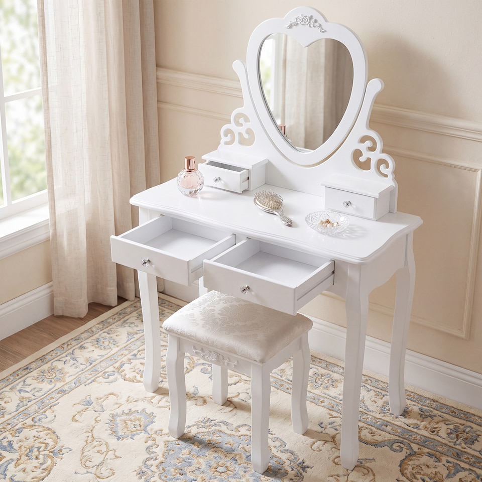 image 1 of Dressing Table with Heart Shaped Mirror and Stool Makeup Vanity Mirror Hollywood Table