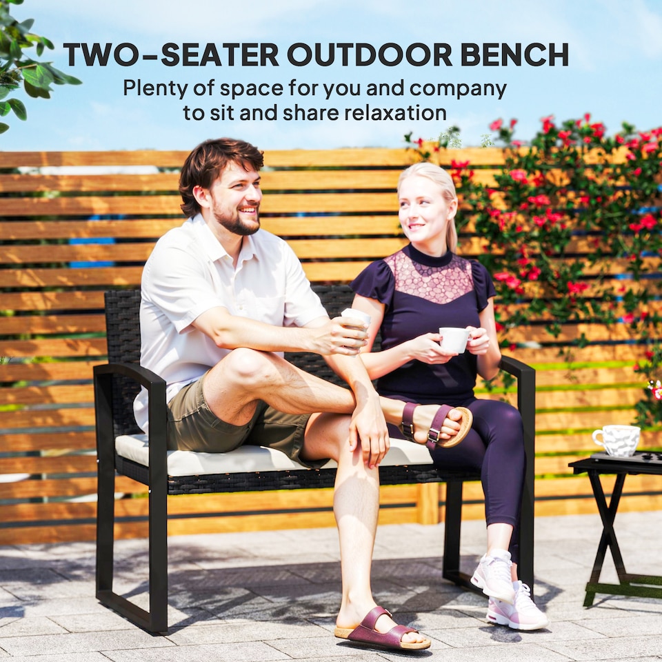 image 1 of Outsunny 2 Seater Rattan Garden Bench, Outdoor Bench with Cushion, PE Wicker Garden Loveseat with Armrests, Galvanised Steel Frame for Patio, Park, Black