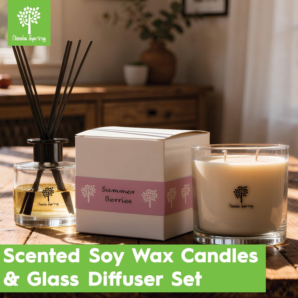 image 1 of Nicola Spring Soy Wax Scented Candle & Reed Diffuser Set - 160g Candle 28 Hour Burn & 200ml Diffuser 60 Day Scent | Clear | Tropical Sunrise