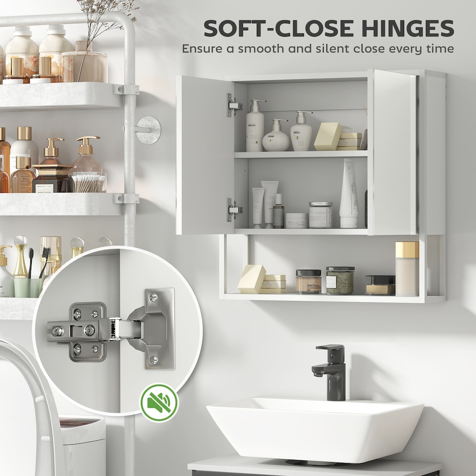 image 1 of HOMCOM Bathroom Mirror Cabinet Wall Mounted with Soft-Close Doors and Adjustable Shelf, Industrial Bathroom Wall Cabinet with Open Storage, 60 x 16 x 60 cm, White | White | White