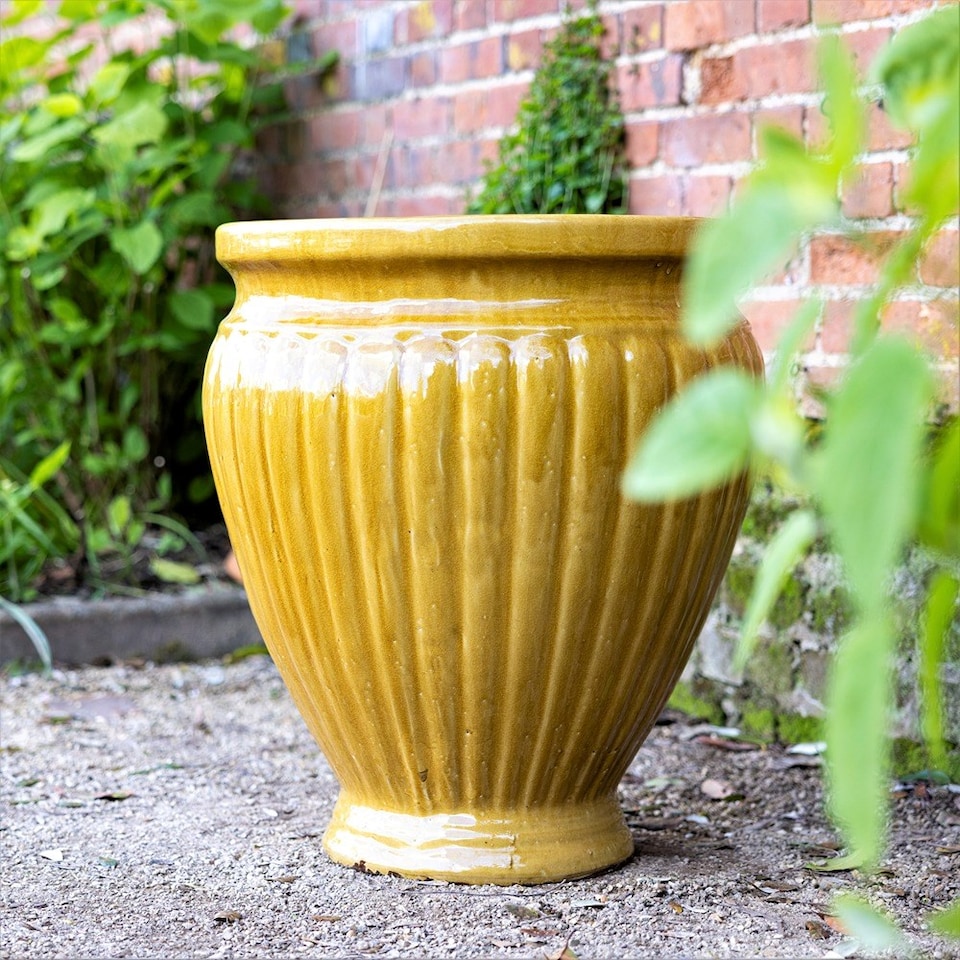 image 1 of Primrose Rib Textured Glazed Terracotta Round Planter In Gloss Yellow 22cm