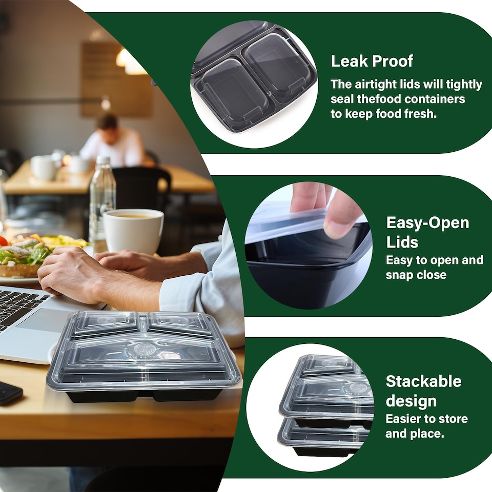 image 1 of 34oz Black 3 Compartment Meal Prep Containers With Lid Plastic Microwave Safe Food Storage Box 50pc