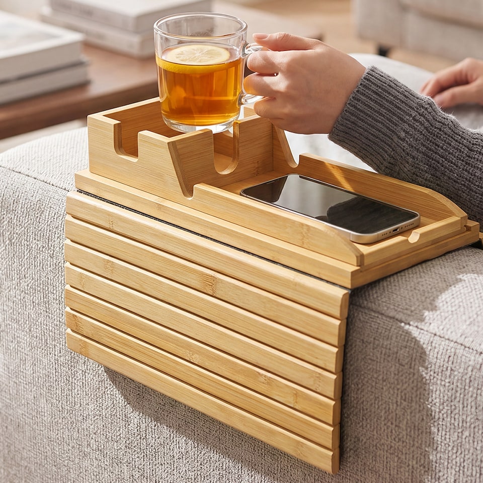 image 1 of Levede Sofa Arm Tray Table 2 in 1 Bamboo Couch Armrest Organiser Cup Mug Holder
