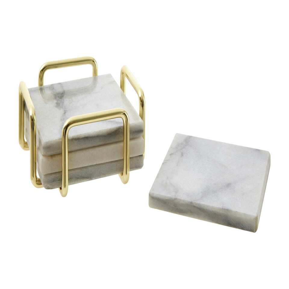 image 1 of Interiors By Premier Set Of Four White Marble Coasters With Brass Finish Holder, Durable Natural Stone Coasters