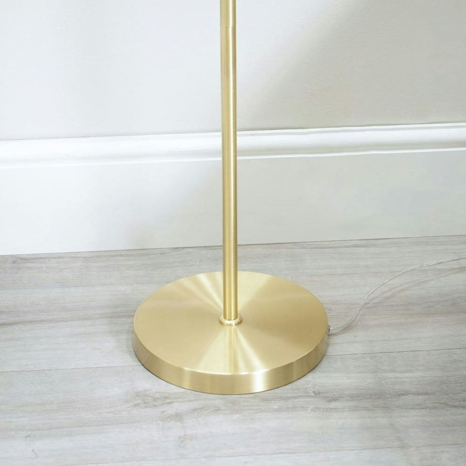 image 1 of ValueLights Frenchie Pink Tinted Glass Globe Gold Stem Floor Lamp