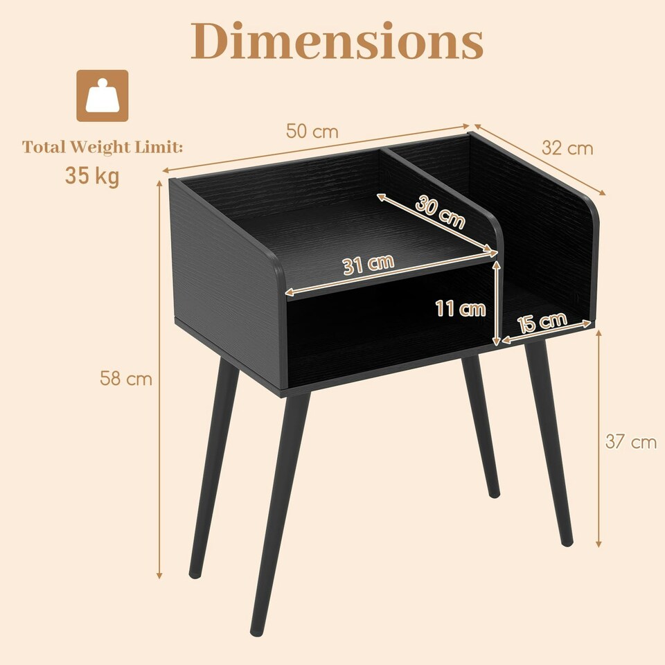 image 1 of COSTWAY Modern Nightstand 2-Tier Bedside Table Black Black