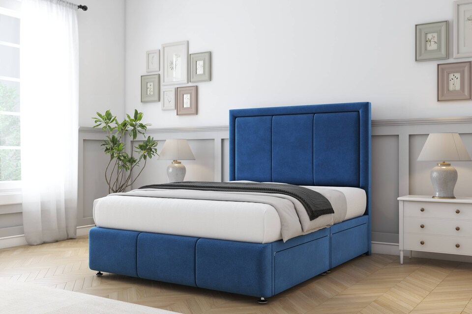 image 1 of Sloomy Lancaster Navy Plush Divan Bed Base 4 Drawers With 26 Inch Strutted Headboard & 12 Inch Matching Footboard | Blue | Navy | Small Double | 1