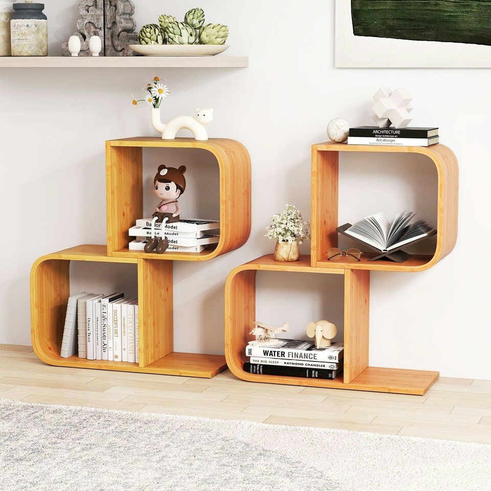 image 1 of COSTWAY 2-Tier S-Shaped Bookcase Bamboo Bookshelf Brown