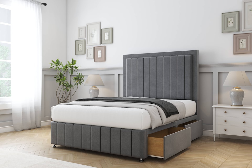 image 1 of Sloomy Pemberton Armour Coniston Divan Bed Base 2 Drawers Left Side With 54 Inch Floor Standing Headboard & 12 Inch Matching Footboard | Grey | Armour | King | 1