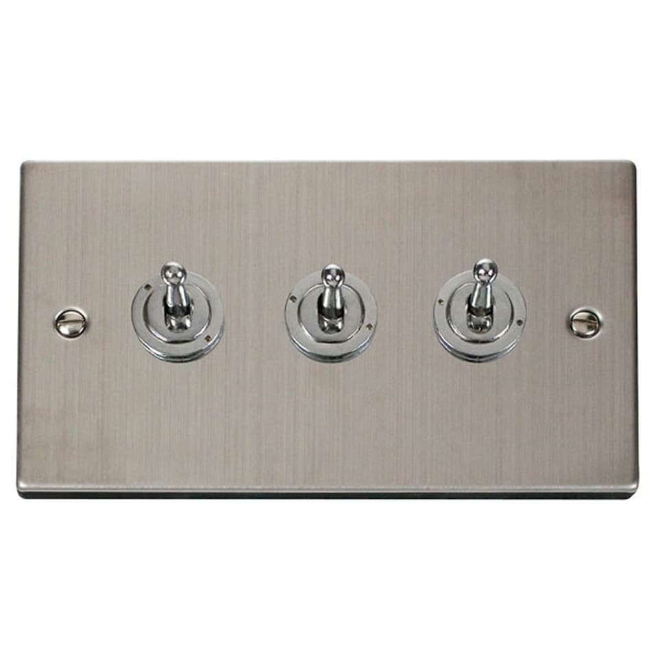 SE HOME Stainless Steel 3 Gang 2 Way 10AX Toggle Light Switch | Chrome | Stainless Steel
