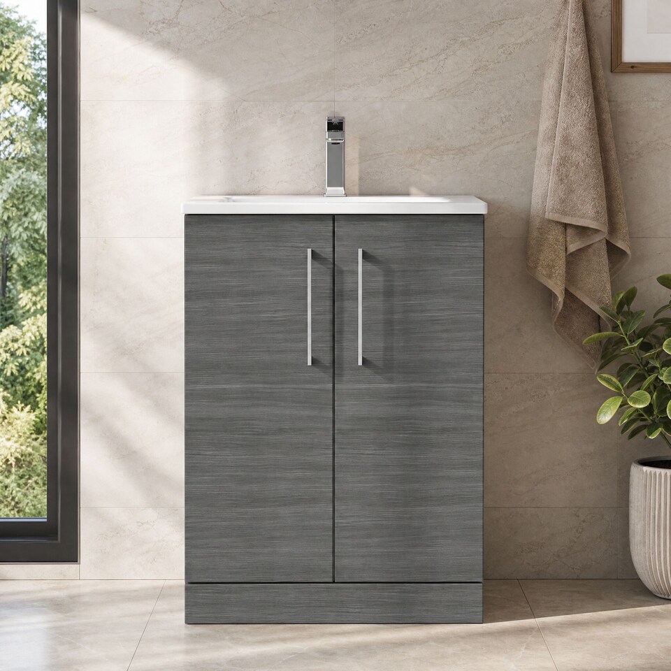 image 1 of Balterley Modern Bathroom 2 Soft Close Door Floor Standing Vanity & Basin | Grey | Anthracite Woodgrain | 830 x 610 x 440mm