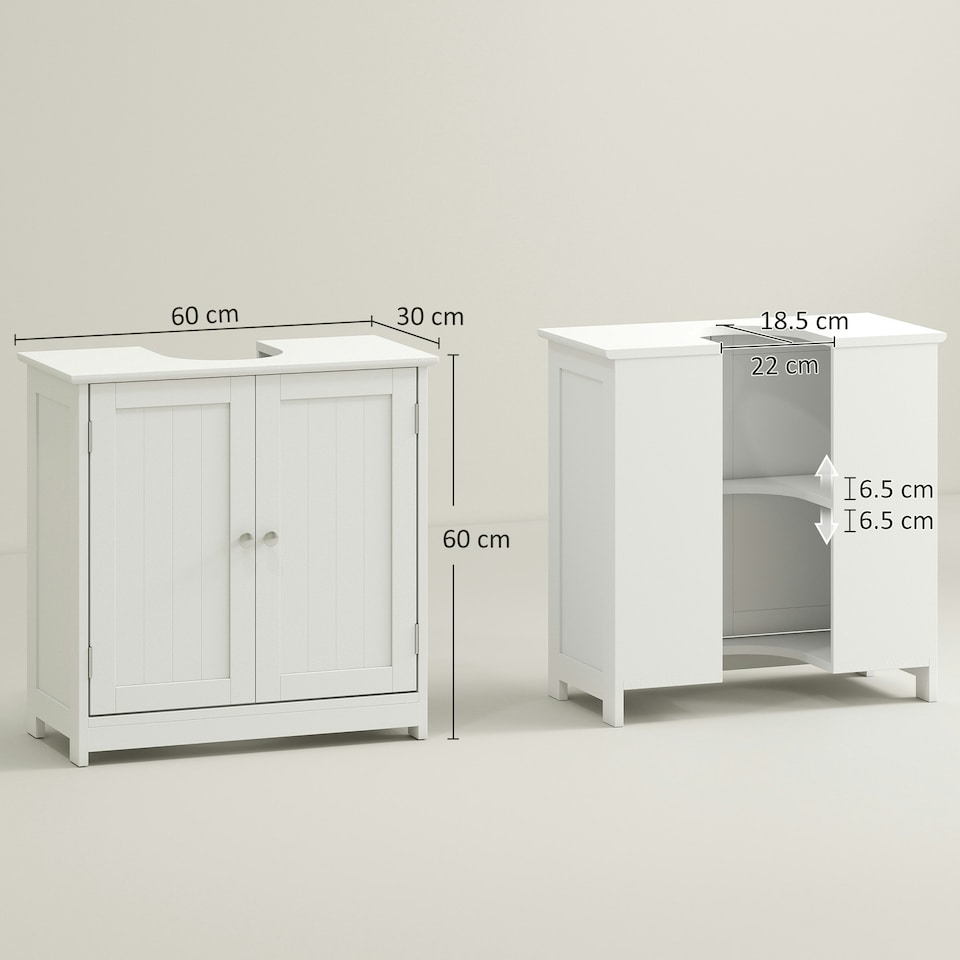 image 1 of kleankin 60x60cm Under-Sink Storage Cabinet w/ Adjustable Shelf Drain Hole White White | White