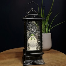 28cm Snowtime Dual Power LED Christmas Glitter Water Spinner Rustic Lantern The Snowman & The Snow dog™ Scene