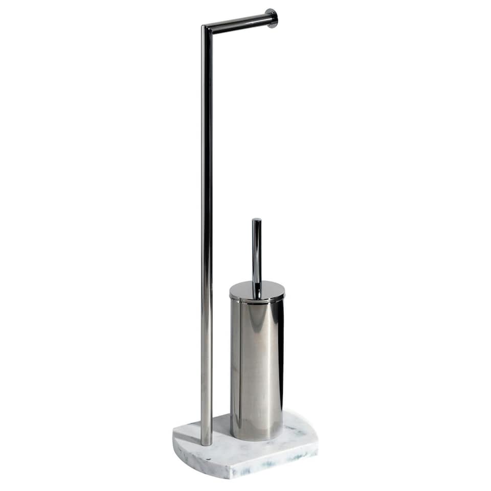 image 1 of Showerdrape Octavia White Marble & Chrome Toilet Roll Holder & Toilet Brush Combination
