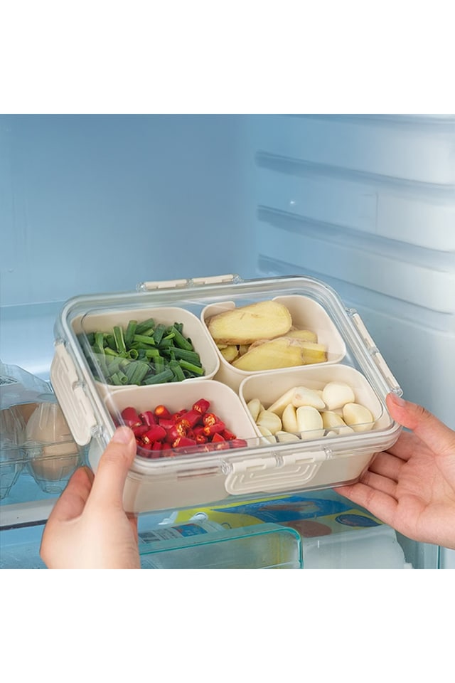 image 1 of Living and Home Food Storage Container with 4 Compartments for Fridge or Picnic,21cm W x 14cm D x 6cm H | White