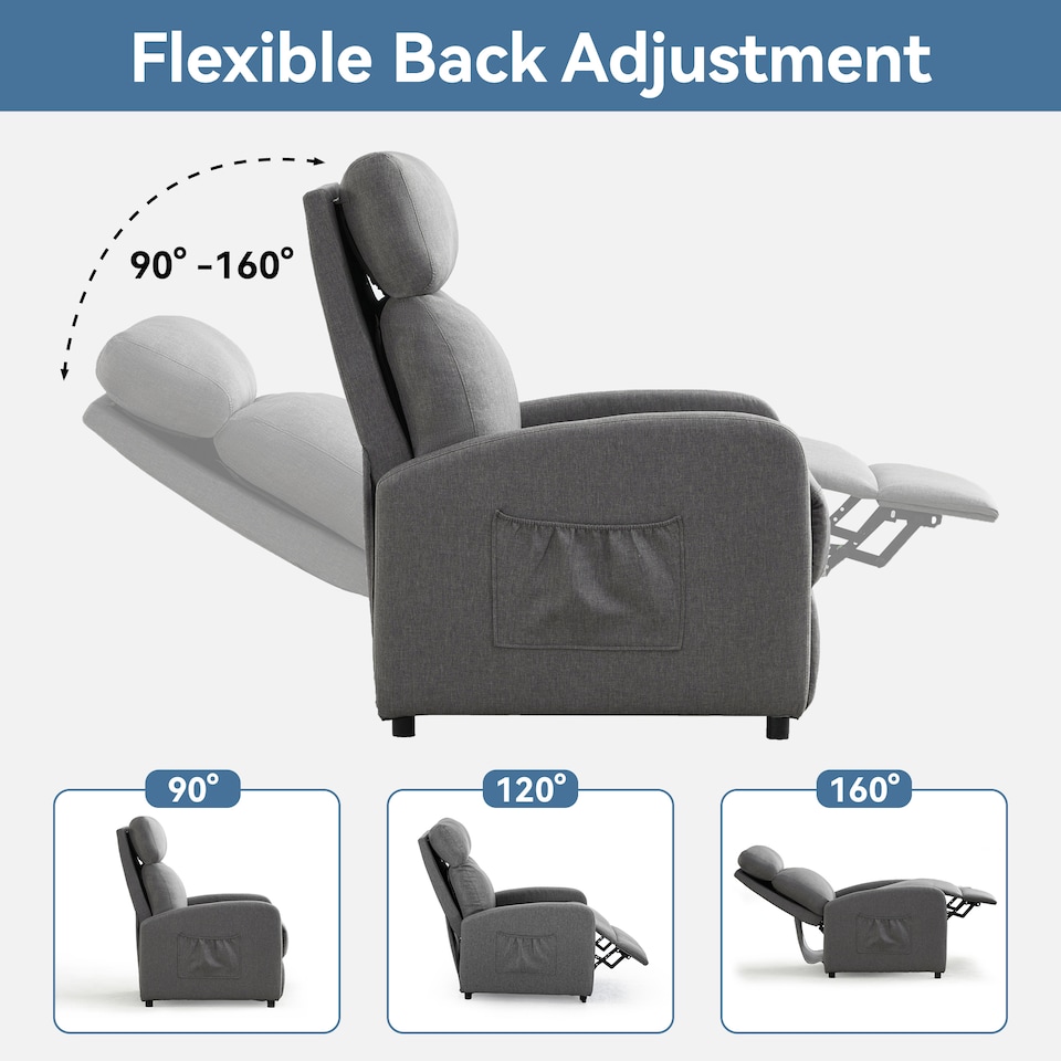 image 1 of CozyWell Grey Linen Fabric Reclining Arm Chair | Grey