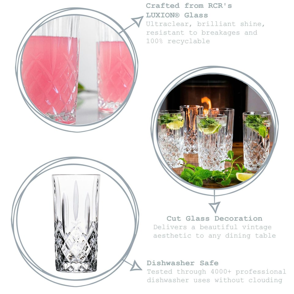 image 1 of RCR Crystal Orchestra Cut Glass Highball Cocktail Glasses Tumblers Set - 396ml - Pack of 6 Clear