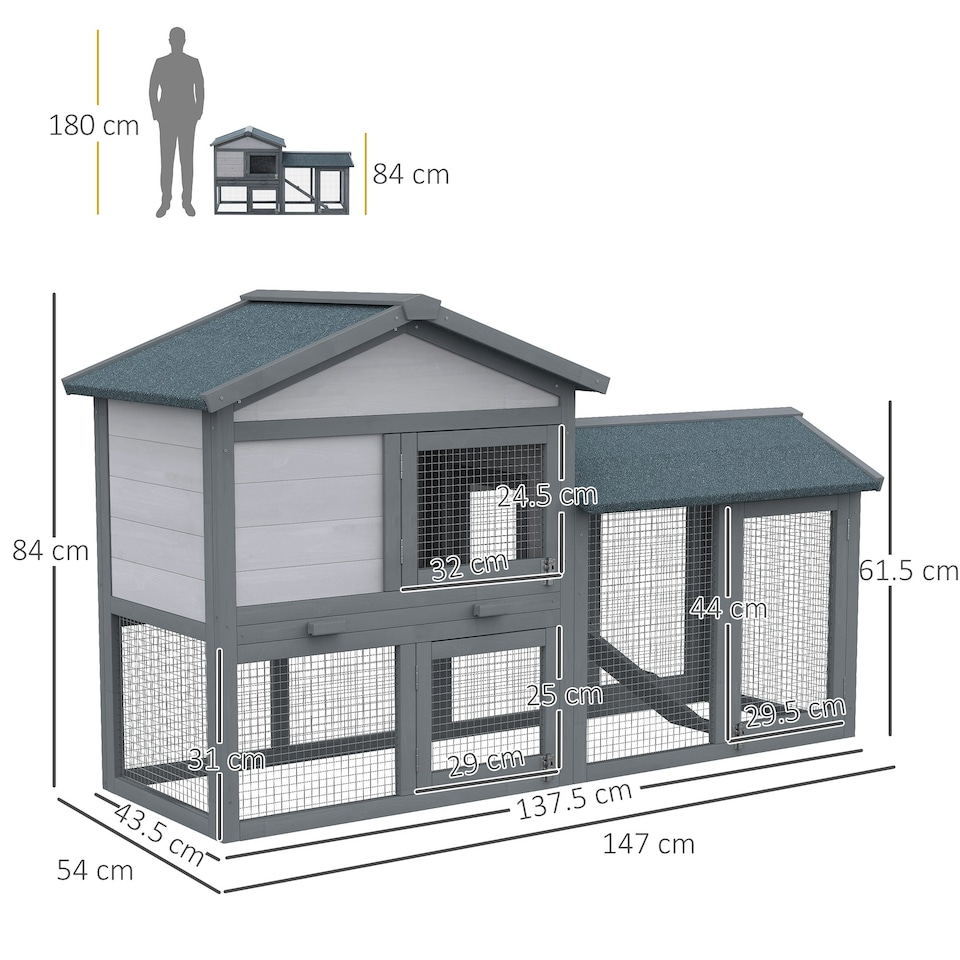 image 1 of PawHut Rabbit Hutch, Guinea Pig Hutch Outdoor Double Tier w/ Ramp, Grey