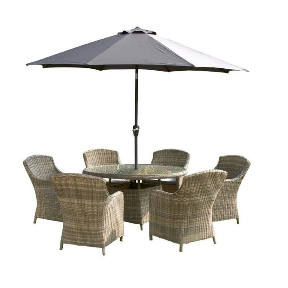 image 1 of 6 Seater Garden Furniture Set - 7 Piece - Deluxe Rattan Round Imperial Dining Set - 110cm Table With 6 Chairs Includes Cushions