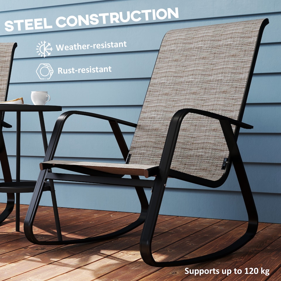 image 1 of Outsunny Garden Rocking Chairs Set of 2, Ergonomic Outdoor Rocking Chairs with Armrests, High Backrest, Steel Frame Relaxing Rocker Armchair Seats for Patio, Balcony, Porch, Light Brown | Brown | Brown