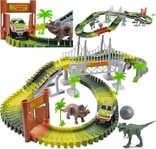 Dino World Flexible Slot Car Race Track Set - 144-Piece Dinosaur Track Playset with Battery-Operated Car, Light-Up Features, Bridges & Accessories