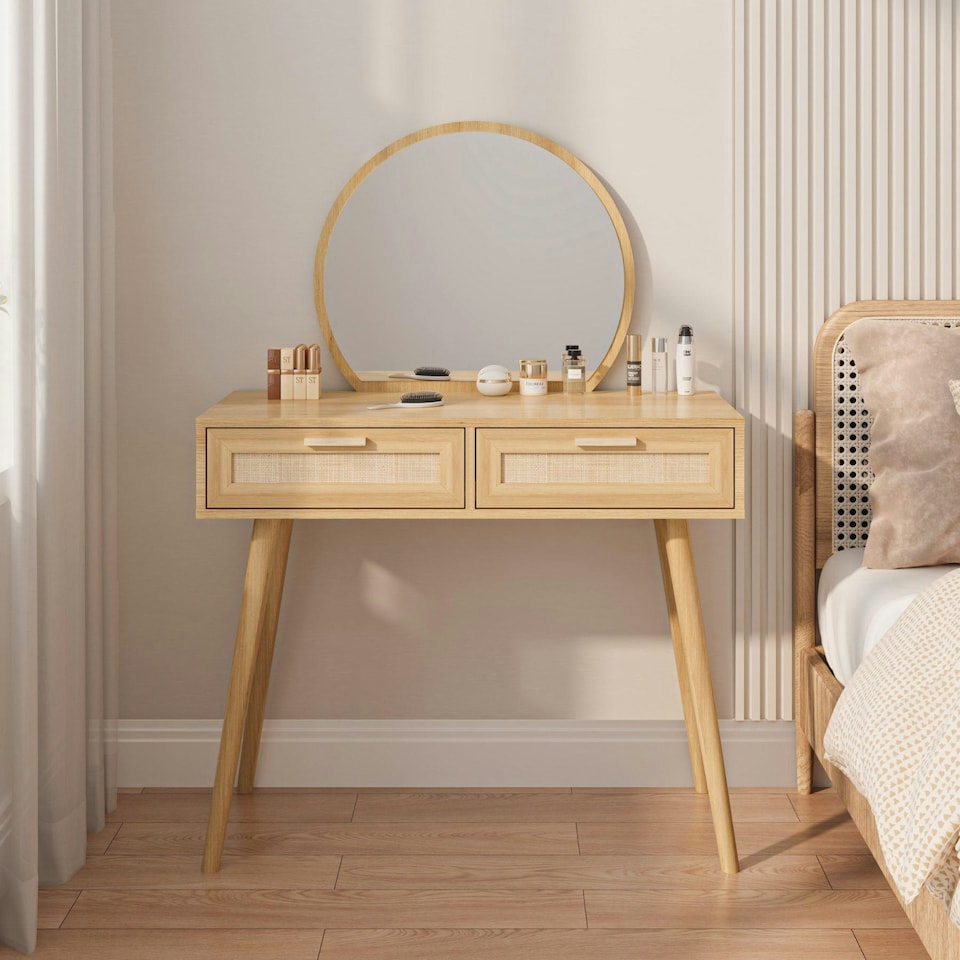 image 1 of Dressing Table With Circular Mirror 2 Rattan Front Drawers Bedroom Vanity Table