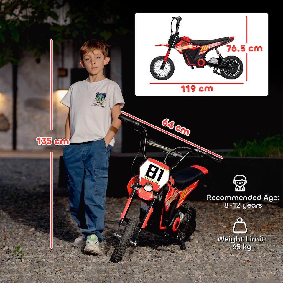 image 1 of AIYAPLAY Kids Electric Motorbike, 24V Battery Powered Dirt Bike with 250W Motor, 6-16km/h, 7AH Batteries, 12" Inflatable Tires and Rear Suspension, Ride On Motorcycle for 8-12 Years Old | Red