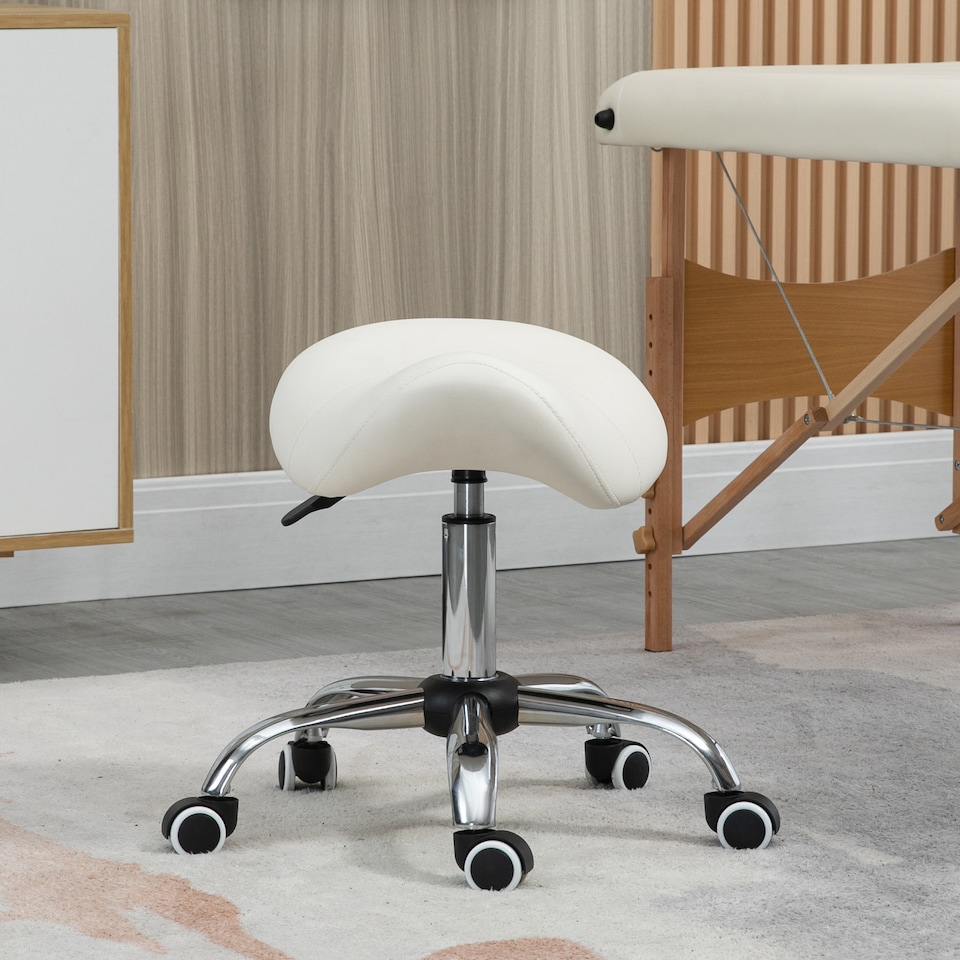 image 1 of HOMCOM Cosmetic Stool 360 Rotate Height Adjustable Salon Massage Spa Chair Hydraulic Rolling Faux Leather Saddle Stool Mobility, Cream