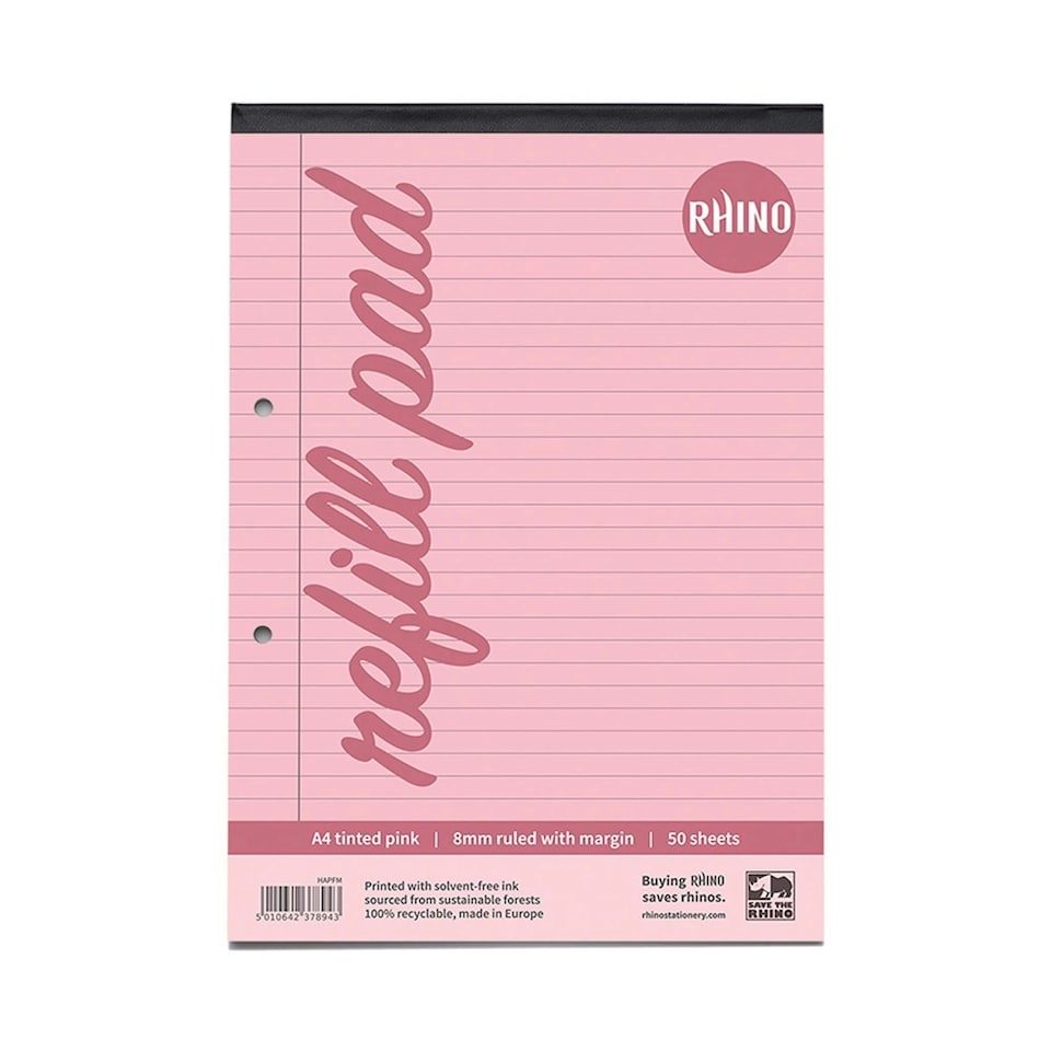 image 1 of Rhino A4 Pink Paper 100 Page 8mm Lined with Margin Refill Pad