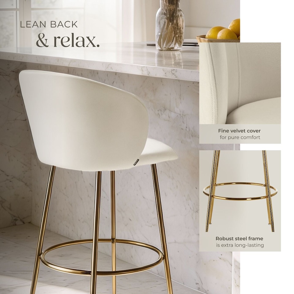 image 1 of Bar Stool Luana - with backrest, velvet look and padded | Cream | cream/gold | 60 x 51 x 106 cm | 6