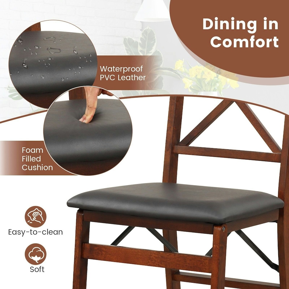 image 1 of COSTWAY Set of 2 Folding Chair Padded Kitchen Dining Seat Brown