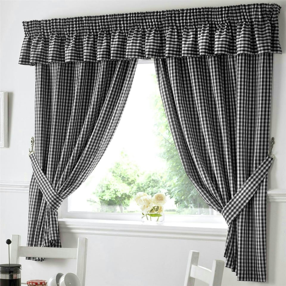 image 1 of Gingham Kitchen Curtains - Black - 117cm x122cm