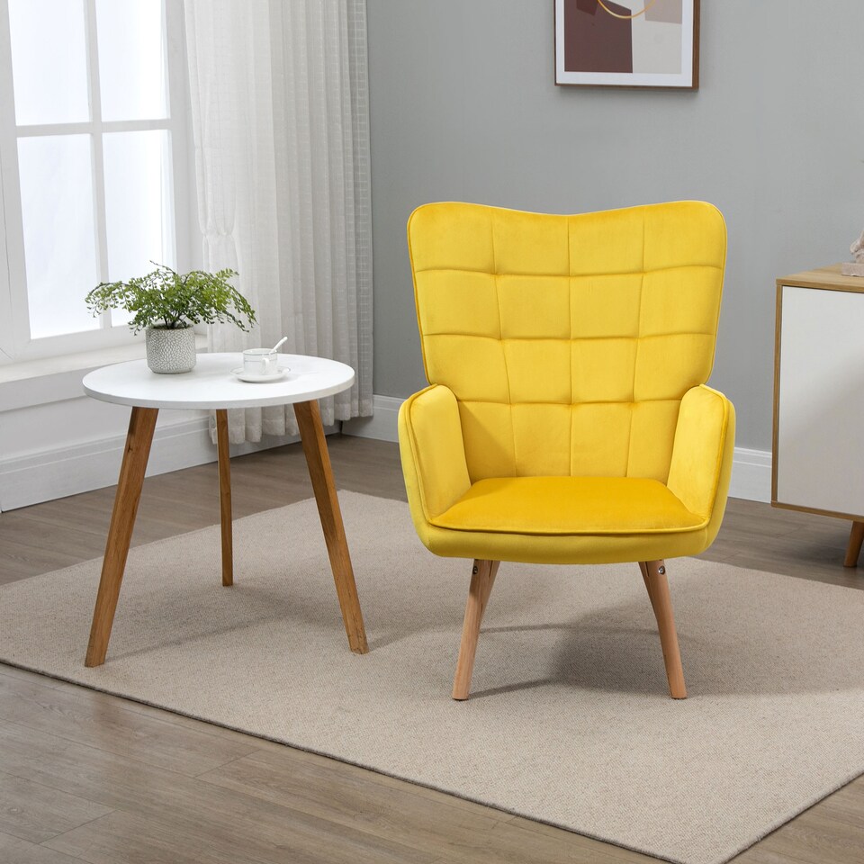 image 1 of HOMCOM Modern Accent Chair, Upholstered Tufted Wingback Armchair with Seat Padding, Velvet Leisure Lounge Bedroom Chair with Wood Legs, Yellow