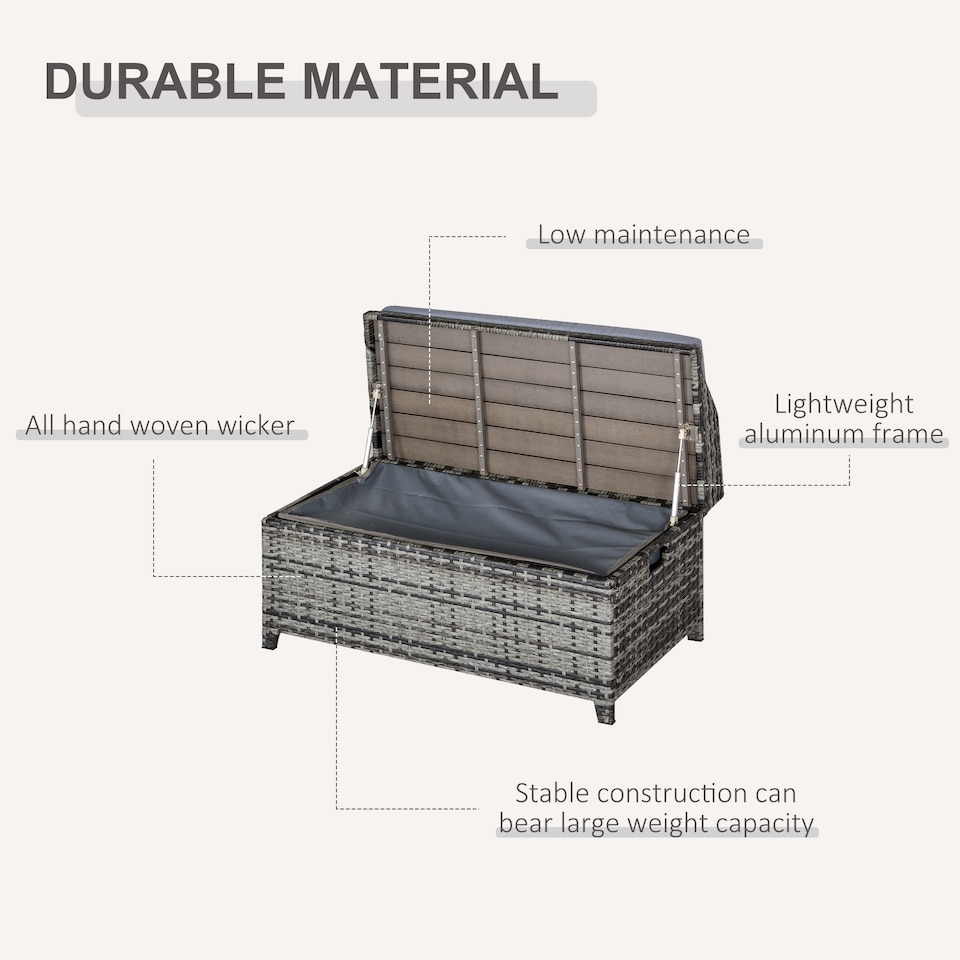 image 1 of Outsunny PE Rattan Outdoor Storage Bench, Aluminium Garden Bench with Storage Underneath with Zipped Inner Lining, Rods for Deck, Mixed Grey